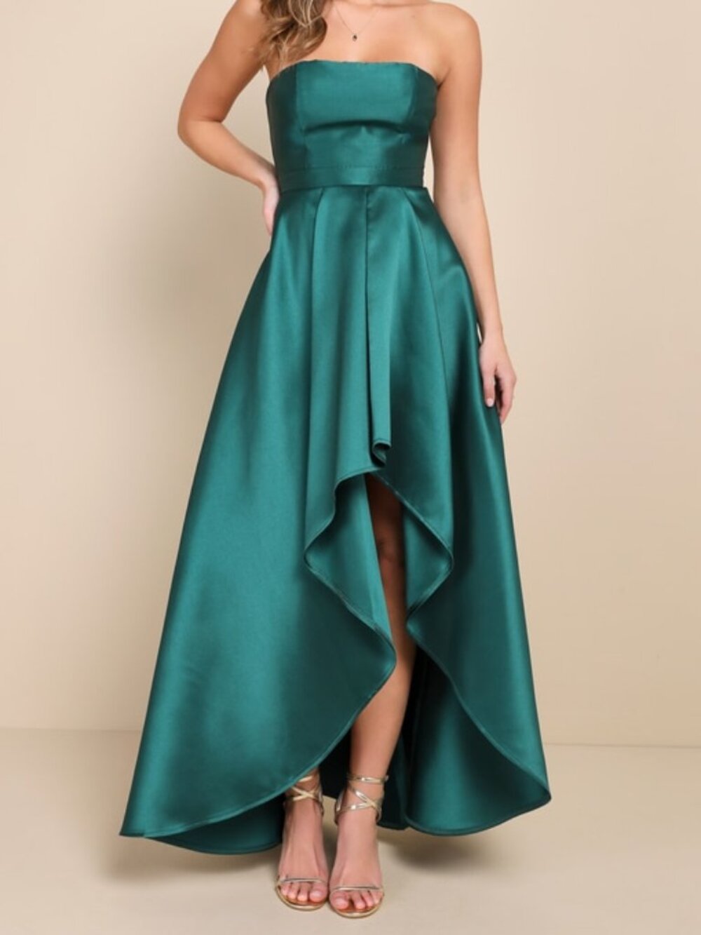 Lulus Broadway Show Emerald Green Strapless High-Low Maxi Dress